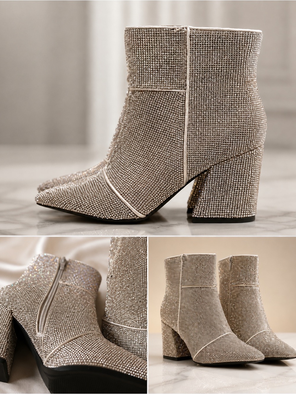 Embellished Sparkle Ankle Boots - Champagne